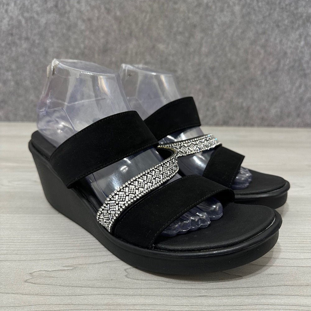 Skechers‎ Rumble On Social Glam Womens 11 Black Wedge Sandal Rhinestone Luxe